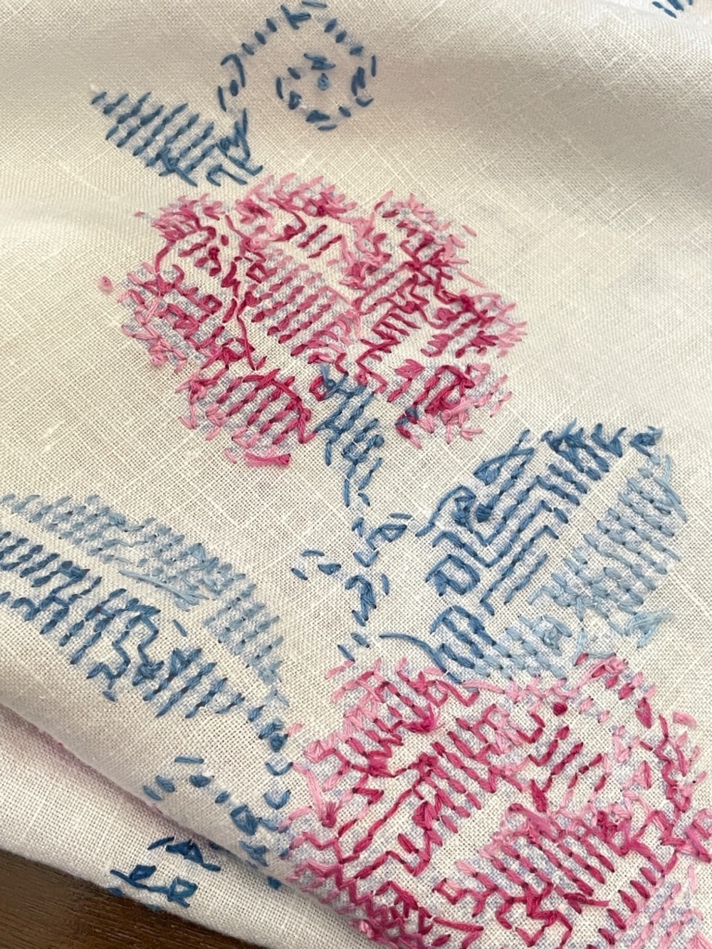Vintage 64" Round Hand Embroidered Roses Linen Tablecloth Pink Blue - Picture 5 of 16